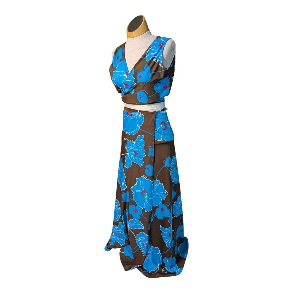 Vtg 1970s Brown Blue Bold Floral Wrap Top Maxi Skirt Matching 2 Pc Set Sz M